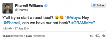 Pharrell William's Twitter reply to Arby's